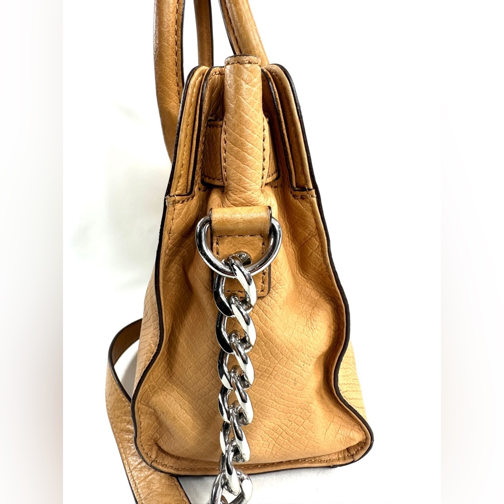 Michael Kors Tan Snakeskin Embossed Leather Shoulder Bag Brass Lock Chain Strap - Picture 6 of 11